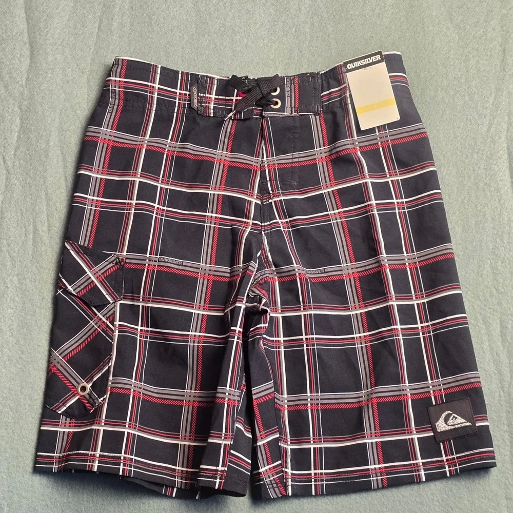 Quiksilver Boys Plaid Board Shorts Black Red Swim Trunks Size 7 2540565063-01-PC